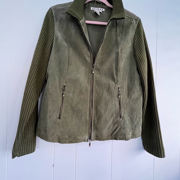 A.M.I. Olive Green Leather Jacket Texture Sleeves and Collar Size Large - Picture 6 of 16